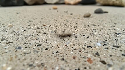 Close-up perspective of pebble stones on a concrete surface with varied textures and colors adds