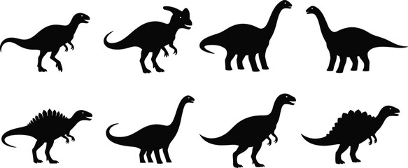 Diverse Dinosaur Silhouettes Collection: Various Prehistoric Creatures Including Tyrannosaurus, Stegosaurus, and Brontosaurus for Educational and Kids' Designs