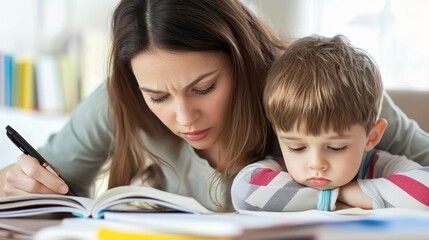Fototapeta premium Single parent studying with child beside them
