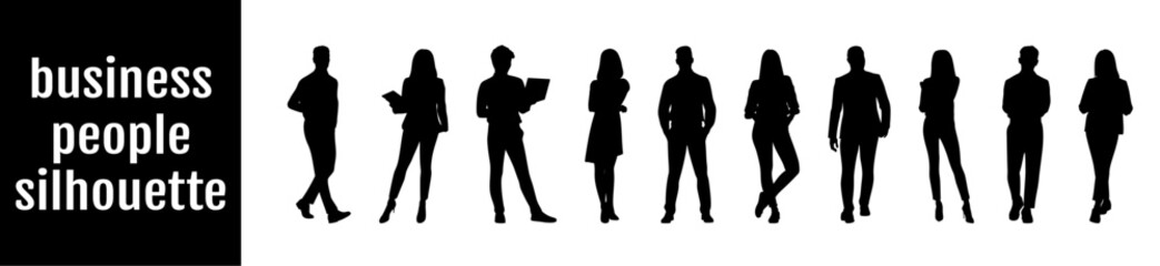Diverse professional business people silhouettes, including men and women in various poses, representing corporate teams, leadership, and diverse workforce concepts.