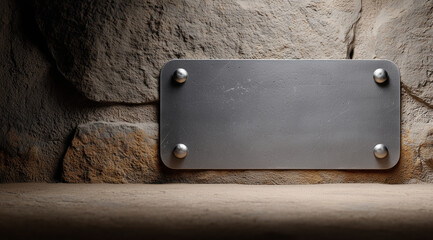 A steel plate with rounded corners is mounted on the concrete wall, with an empty name tag in front of it. The background features rough-textured stone walls and soft lighting. Thi