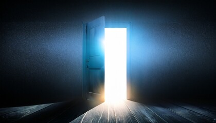 a door in a dark room is open revealing bright light behind it