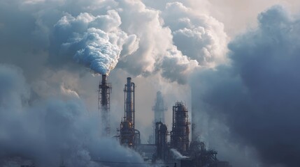 Industrial chimneys releasing pollutants  the environmental impact of smoke emission from factories