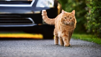 Fototapeta premium orange cat on street walking around in driveway in front of black car outdoors in garden