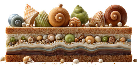 Artistic layered cake with seashells and pearls, whimsical beach dessert concept, creative food art, and unique confectionery design