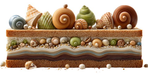 Artistic layered cake with seashells and pearls, whimsical beach dessert concept, creative food art, and unique confectionery design
