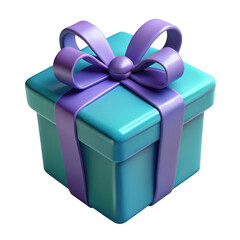 A teal gift box with a purple ribbon and bow isolated on transparent background