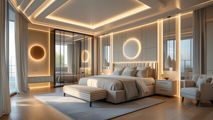 Naklejka premium Luxurious Modern Master Bedroom Interior with Upholstered Bed, LED Lighting, and Glass Wardrobe — Perfect for Interior Design Portfolios and Architectural Visualization