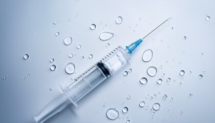 transparent medical syringe with a sharp needle and liquid drops on a white background concept of vaccination injection and healthcare