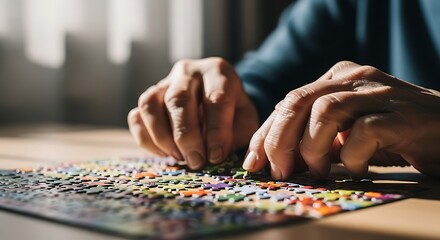 Closeup of hands assembling a jigsaw puzzle