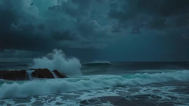 Massive waves crash violently under dark storm clouds, capturing the raw power and unpredictability of the ocean in extreme weather.