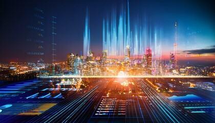 financial data projected over blurred cityscape at night representing economic trends
