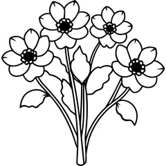 Anemone flower bouquet with simple outline stems on a white background