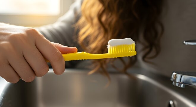 Close-up of a hand holding a toothbrush with toothpaste in front of a sink, concept of morning routine, dental hygiene, and self-care.