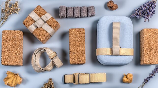 Studio shot Cork yoga blocks, straps, and accessories - Powered by Adobe