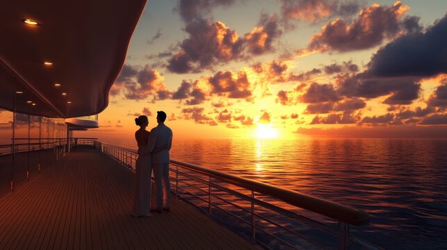 Romantic couple standing on cruise ship deck
