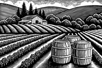 Vineyard farm in Napa Valley, California, with grapevines, wooden barrels, farmhouse, and sunset backdrop, drawn as black and white line art illustration for wine, travel, and agricultural branding