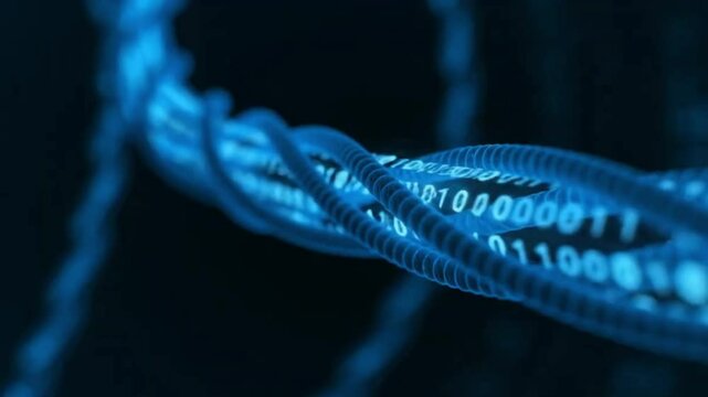 Twisted blue fiber optic cables displaying digital binary code patterns against a dark background