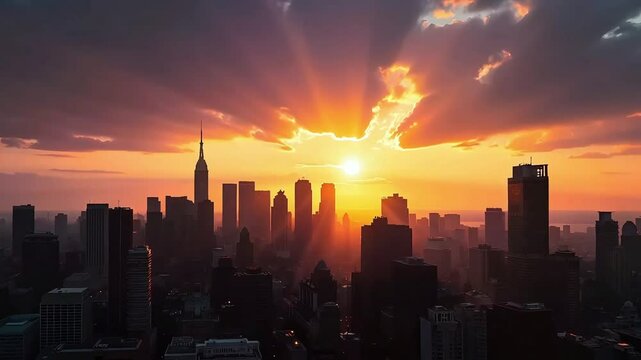 The golden sunset bathes the city skyline in light, creating dramatic silhouettes of skyscrapers with radiant beams piercing through the clouds.