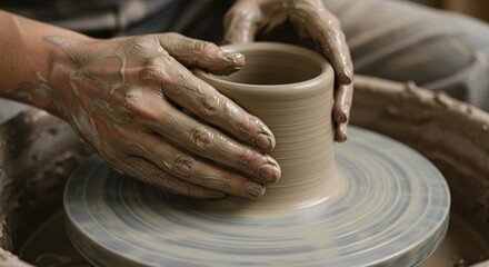 Hands meticulously shaping ceramic clay on a pottery wheel to create a vessel perfectly