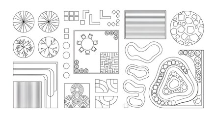 Landscape design elements for creating garden plans on white background