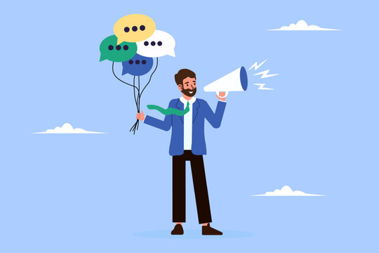 Communication management, entrepreneur oversee dialogue balloon inflatables.