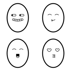 Minimalist Egg Faces Showing Cute and Funny Emotions. Simple black-and-white line art perfect for emoji sets, creative designs, or children’s educational content.