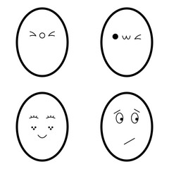 Minimalist Egg Faces Showing Cute and Funny Emotions. Simple black-and-white line art perfect for emoji sets, creative designs, or children’s educational content.