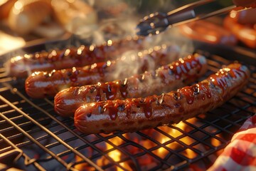 Sausages sizzle on a charcoal grill during a sunny outdoor barbecue. A hand uses tongs to turn one, with smoke rising and a warm sun flare in the background, evoking a perfect summer gathering