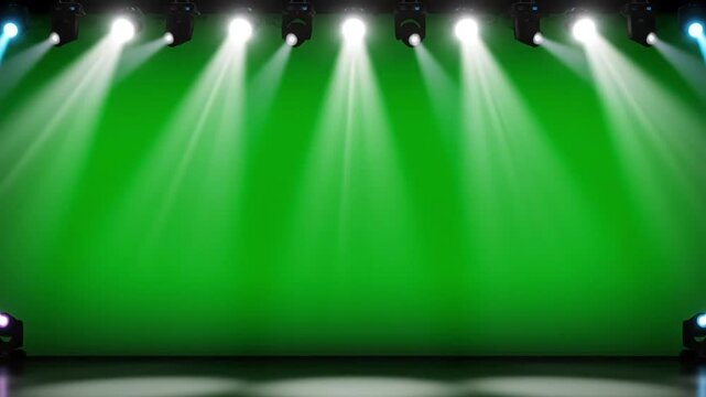 Dynamic green screen stage with spotlights, perfect for virtual production and events