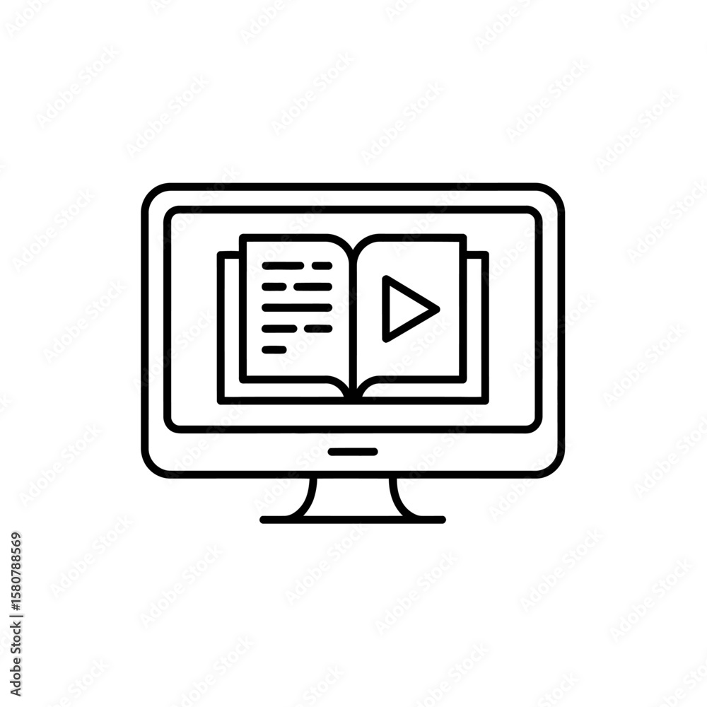 Poster Computer screen displaying an open book with a play button icon for online learning