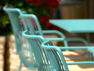 Blue metal chairs in mediterranean restaurant