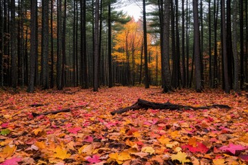 Vibrant autumn scene among pine trees forest floor covered in colorful leaves nature photography serene environment captured from ground level