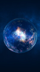 A glowing orb of energy floating in deep blue space, swirling with colorful light trails and cosmic textures