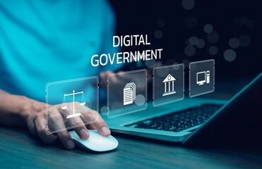 Digital Government and Online Public Services Technology. Financial Management Checking Online Bank Account with icons digital government systems, AI, cloud technology and security infrastructure.