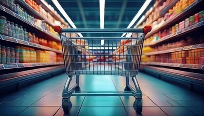 shopping cart supermarket aisle is center positioned foreground empty