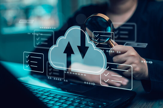 Cloud technology concept Global network of metaverse systems concept, Man hand touch data with internet cloud technology and File Transfer backup copy,Global business  Internet for Telecommunication - Powered by Adobe