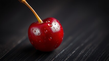 Close-up of ripe cherry with water droplets on dark wood and directional lighting.