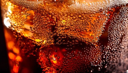 close up macro shot of a fizzy cola drink capturing the bubbles and carbonation in detail