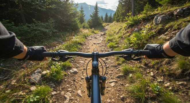 Mountain biker's perspective on a forest trail with scenic mountain backdrop and natural beauty - Powered by Adobe