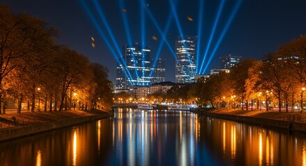 Fototapeta premium City skyline reflected in illuminated river