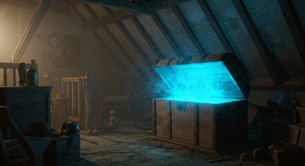 Mysterious attic scene with glowing treasure chest and vintage furniture atmosphere