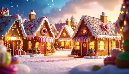 Fototapeta premium Adorable donut houses with sprinkle roofs, cupcake shops, candy cane streetlights, rainbow sherbet pathways, cheerful food town 