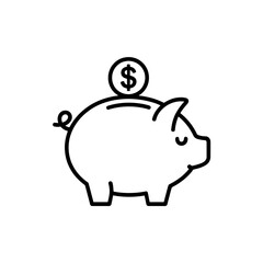 Obraz premium Simple black outline icon of a piggy bank with a dollar coin being inserted