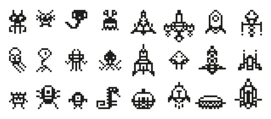 Pixel space invaders. Arcade game 8 bit characters and spaceships, black pixels graphic. Isolated aliens or monsters, galaxy retro play neoteric vector set