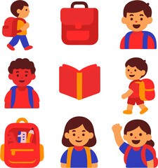 Flat Icons of School Kids with Backpack – Color Variant