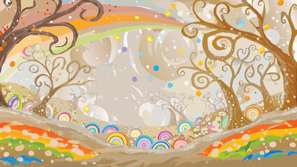 A whimsical landscape with trees, rainbow, and colorful polka dots creating a dreamy atmosphere scene