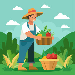 A man in a straw hat is holding a basket of vegetables. He is kneeling down in a field