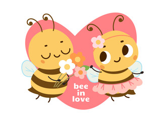 Cute poster with bee in love. Romantic sticker, children style print for clothes. Funny insects with flowers, dating scene in pink heart, vector concept