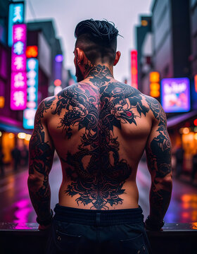 A dramatic nighttime scene featuring a traditional Yakuza-style tattoo session